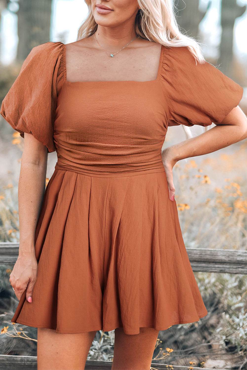 Square Neck Pleated Romper with Pockets - Selvanelle