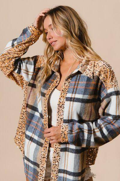 BiBi Curved Hem Sequin Plaid Button Up Shacket Chic Style - Selvanelle