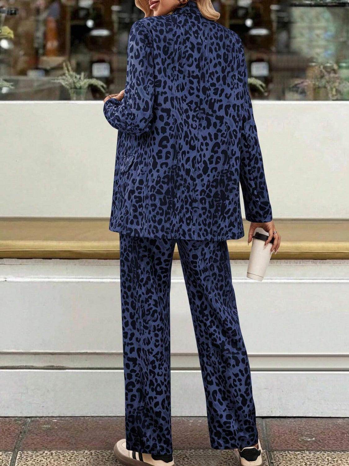 Full Size Leopard Lapel Collar Blazer and Pants Set - Selvanelle