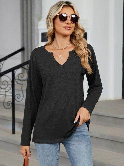 Notched Long Sleeve T-Shirt for Women in Various Sizes - Selvanelle
