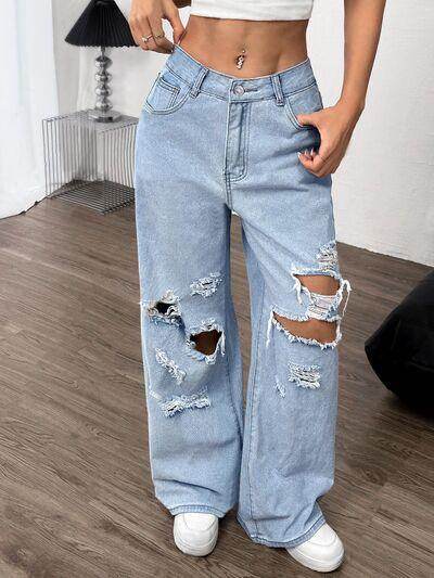 Distressed Wide Leg Jeans with Pockets for Women - Selvanelle