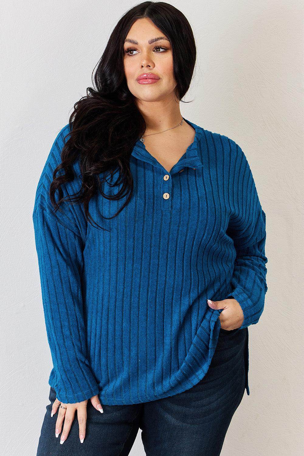 Basic Bae Full Size Ribbed Half Button Long Sleeve T-Shirt - Selvanelle