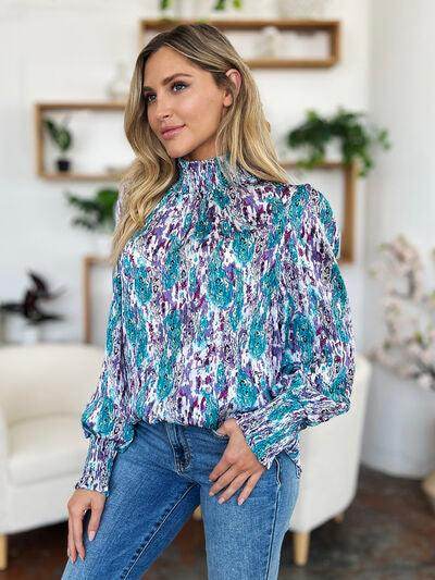 Double Take Full Size Printed Smocked Long Sleeve Blouse - Selvanelle