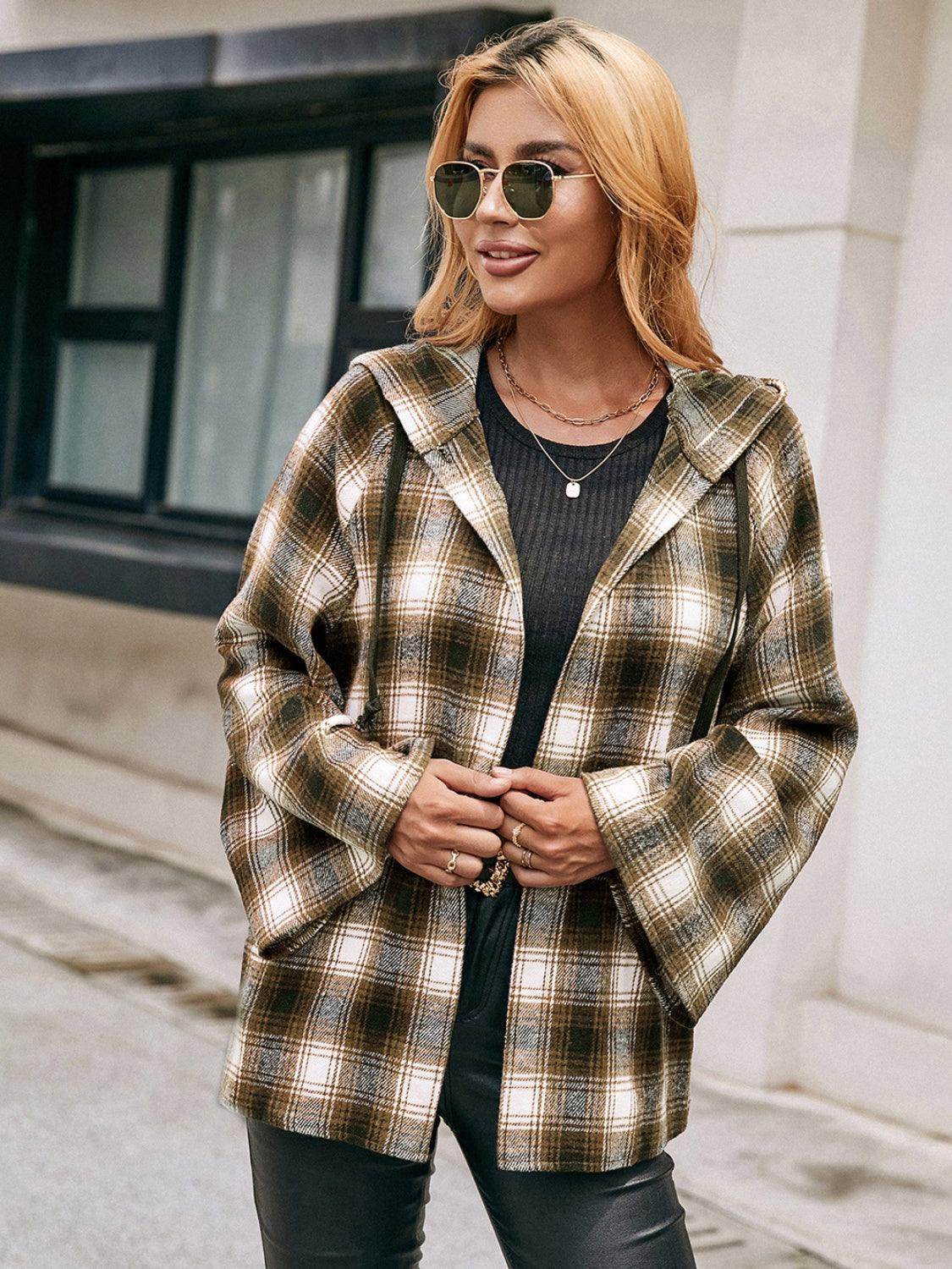 Ivy Lane Pocketed Plaid Long Sleeve Hooded Jacket for Women - Selvanelle