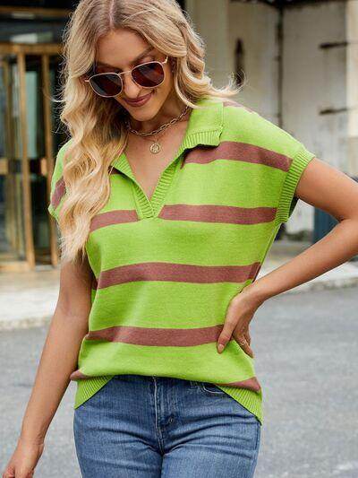 Striped Johnny Collar Cap Sleeve Sweater for Women - Selvanelle