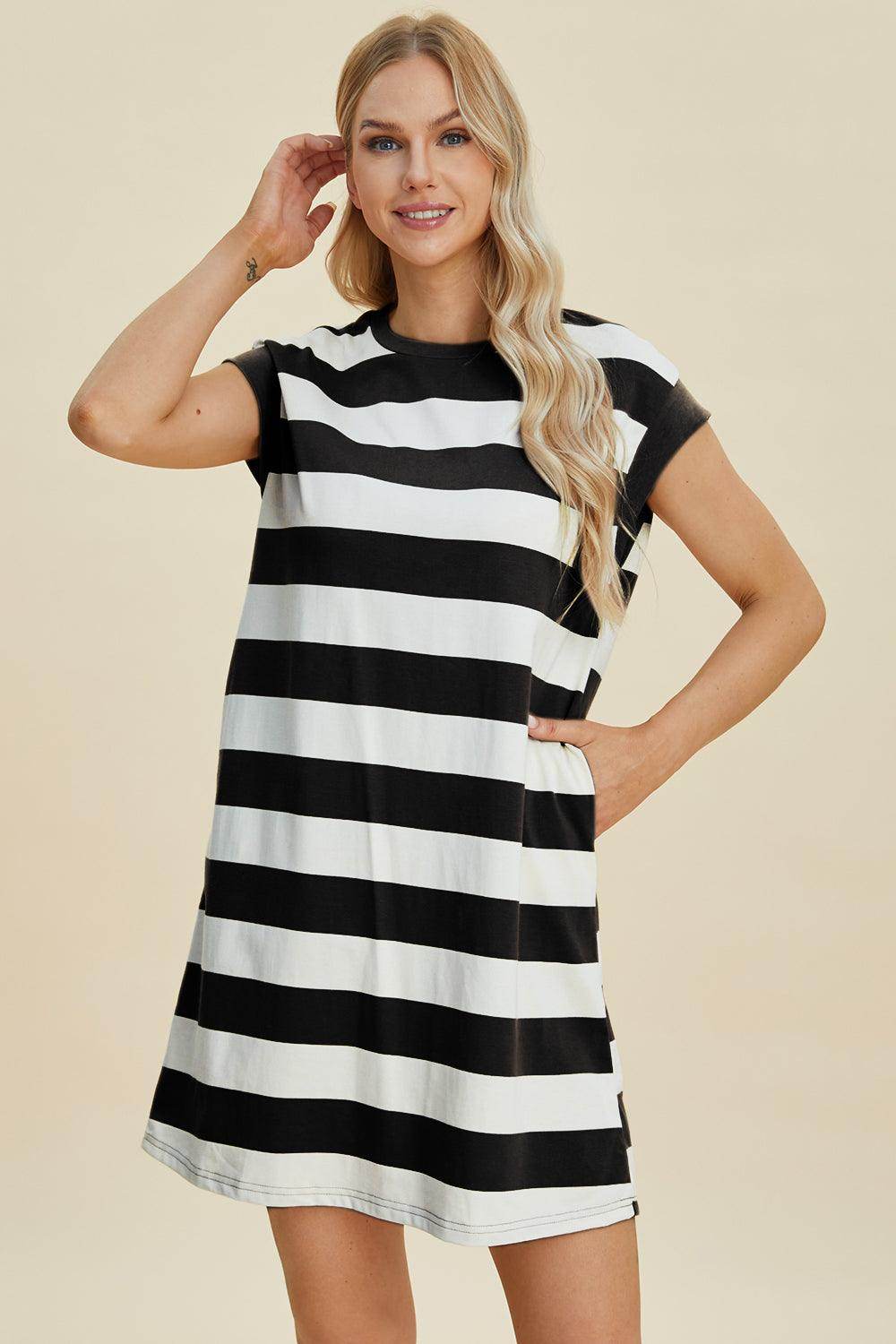 Basic Bae Full Size Striped Round Neck Cap Sleeve Mini Dress - Selvanelle