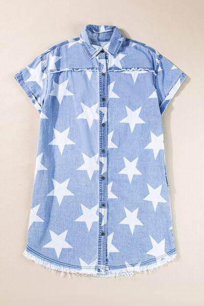 Raw Hem Star Short Sleeve Denim Dress for Casual Style - Selvanelle