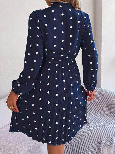 Polka Dot Tie Neck Pleated Dress for Stylish Occasions - Selvanelle