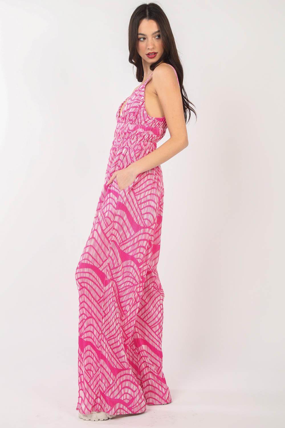 Very J Printed Pleated Sleeveless Wide Leg Jumpsuit - Selvanelle