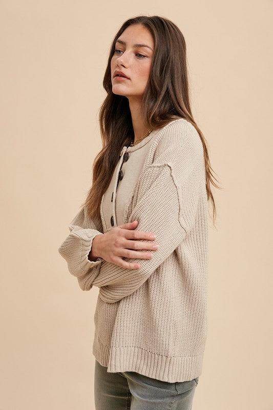 Annie Wear Half Button Ribbed Hem Sweater for Women - Selvanelle