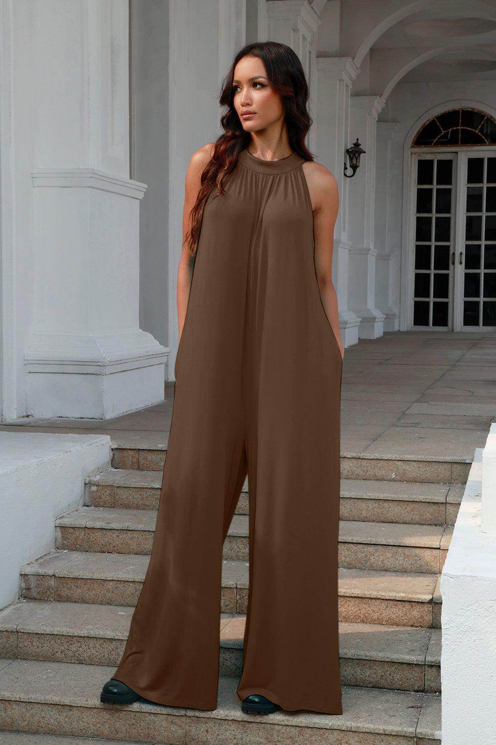 Double Take Full Size Tie Back Cutout Sleeveless Jumpsuit - Selvanelle
