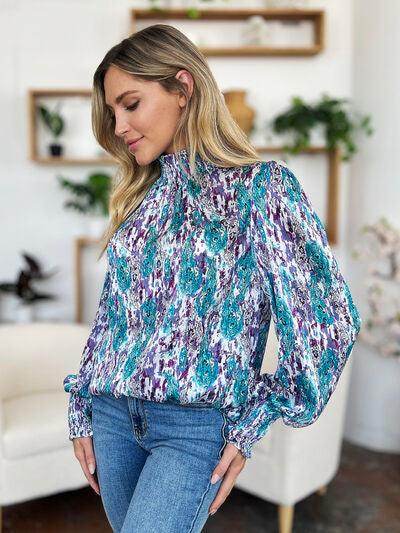 Double Take Full Size Printed Smocked Long Sleeve Blouse - Selvanelle