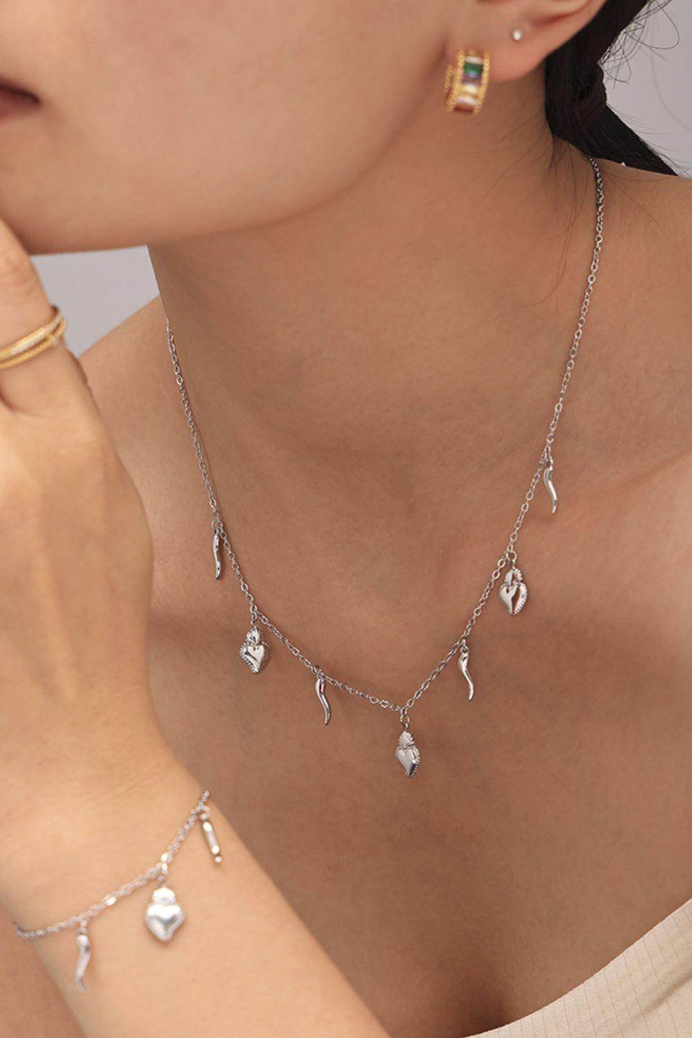 Stainless Steel Heart Charm Bracelet and Necklace Set Gift - Selvanelle