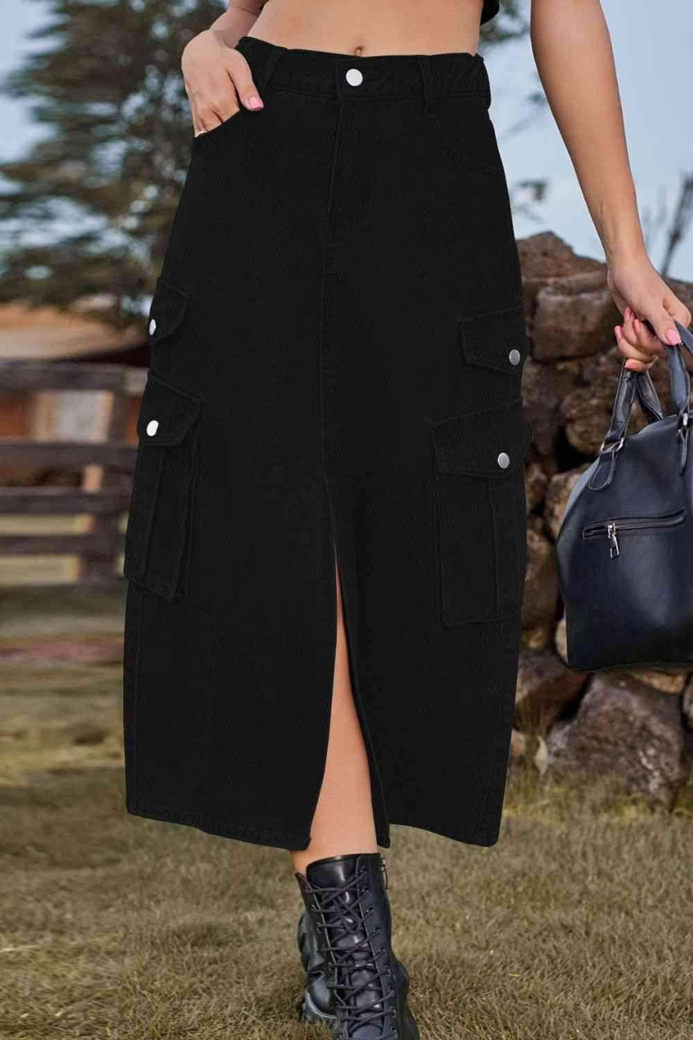 Slit Front Midi Denim Skirt with Pockets for Women - Selvanelle