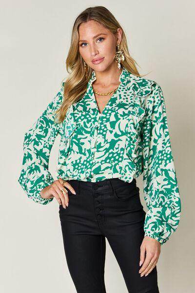 Double Take Full Size Printed Ruffle Trim Balloon Sleeve Shirt - Selvanelle
