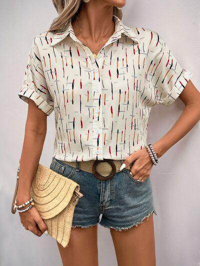 Perfee Printed Collared Neck Short Sleeve Shirt for Women - Selvanelle