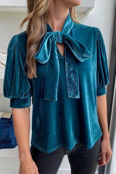 Tie Neck Half Sleeve Blouse for Women in Sheer Fabric - Selvanelle
