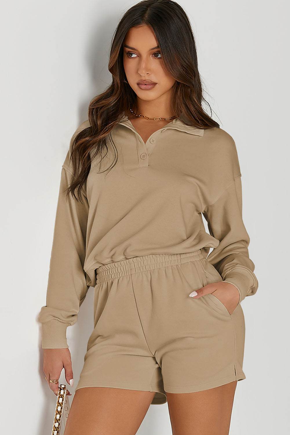 Half Button Sweatshirt and Shorts Active Set - Selvanelle