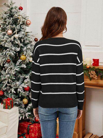 Sequin Santa Striped Round Neck Long Sleeve Sweater for Women - Selvanelle