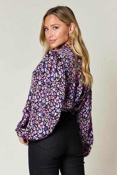 Double Take Full Size Printed Balloon Sleeve Shirt Opaque - Selvanelle