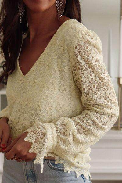 Lace Detail V-Neck Long Sleeve Blouse for Women Fashion - Selvanelle