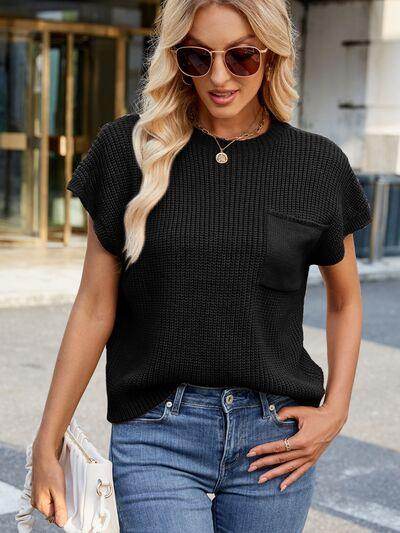 Round Neck Short Sleeve Sweater with Pocketed Stretch - Selvanelle