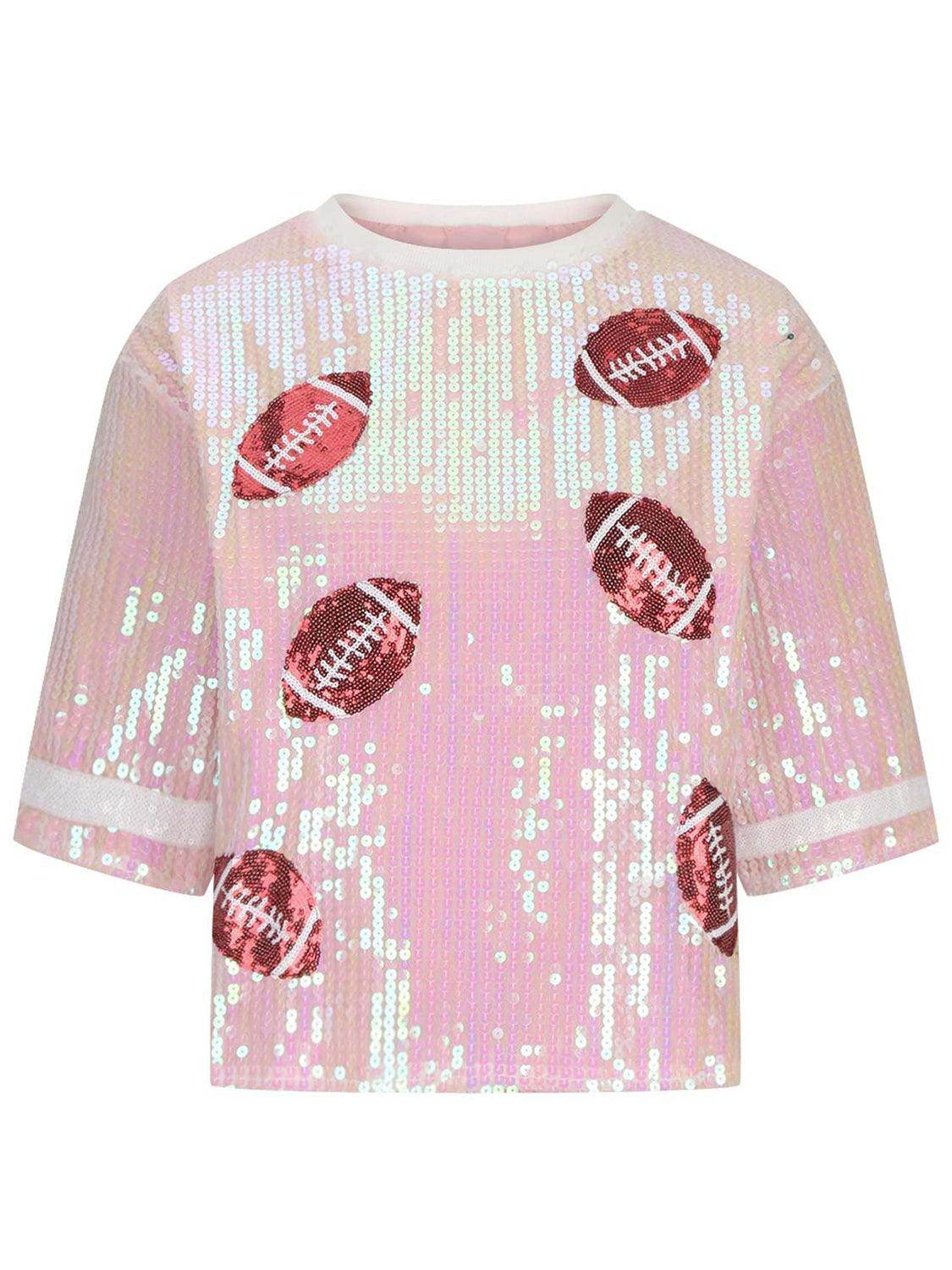 Sequin Football Round Neck Half Sleeve Top for Women - Selvanelle