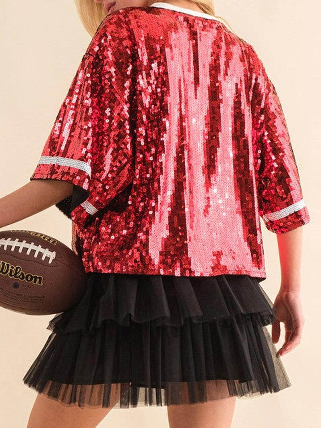 Sequin Football Round Neck Half Sleeve Top for Women - Selvanelle