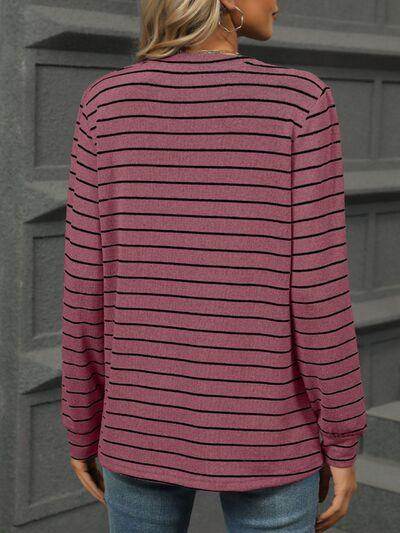 Striped Notched Long Sleeve T-Shirt for Casual Style - Selvanelle