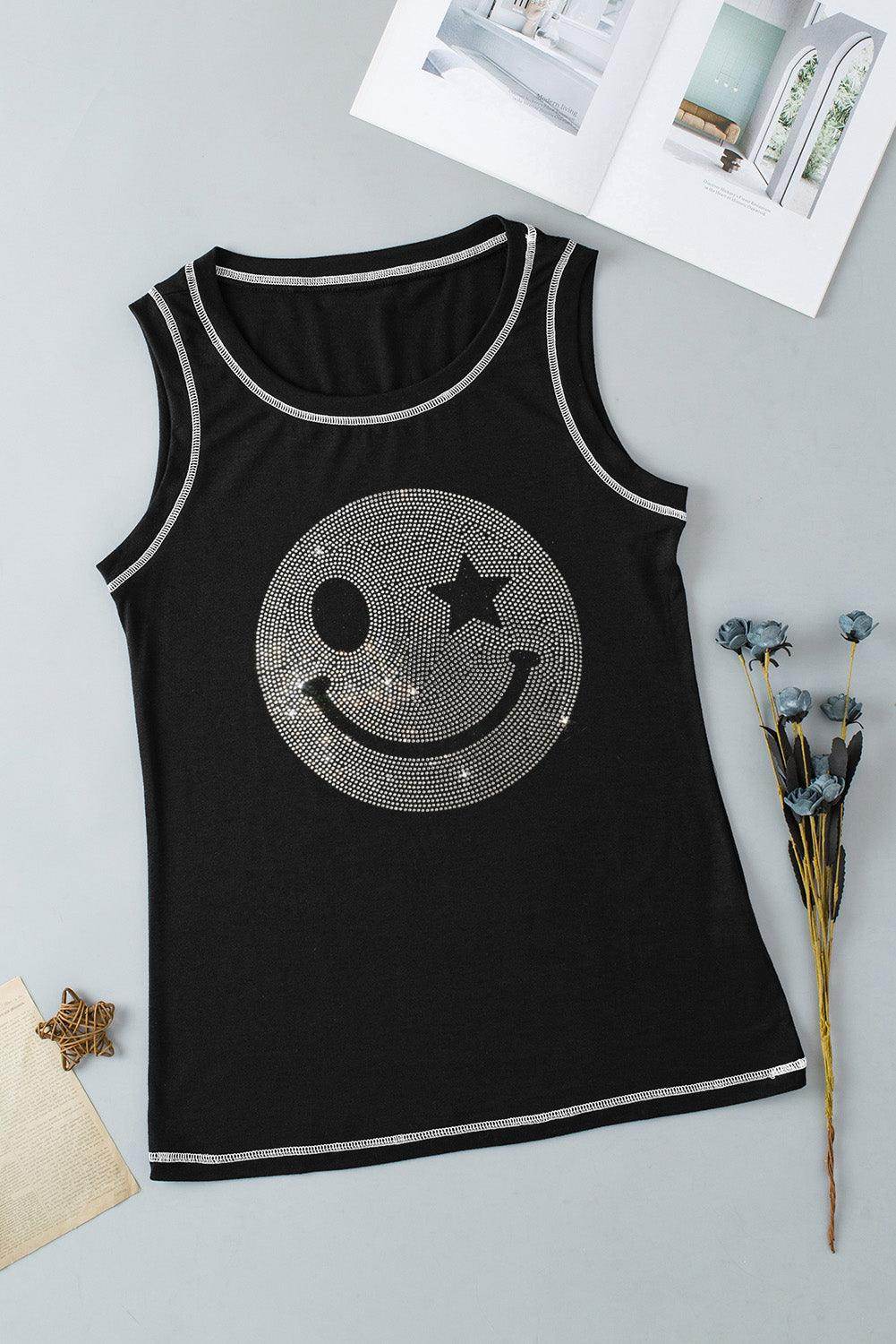 Rhinestone Smile Face Round Neck Tank Top for Women - Selvanelle