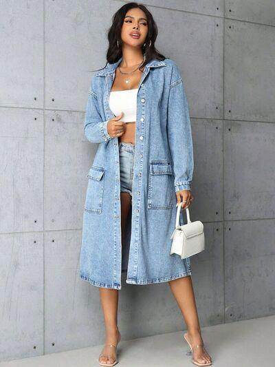 Pocketed Button Up Collared Neck Denim Top for Women - Selvanelle