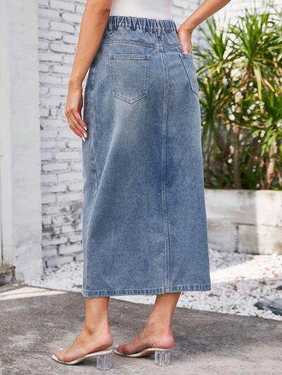 Slit Midi Denim Skirt with Pockets for Stylish Women - Selvanelle