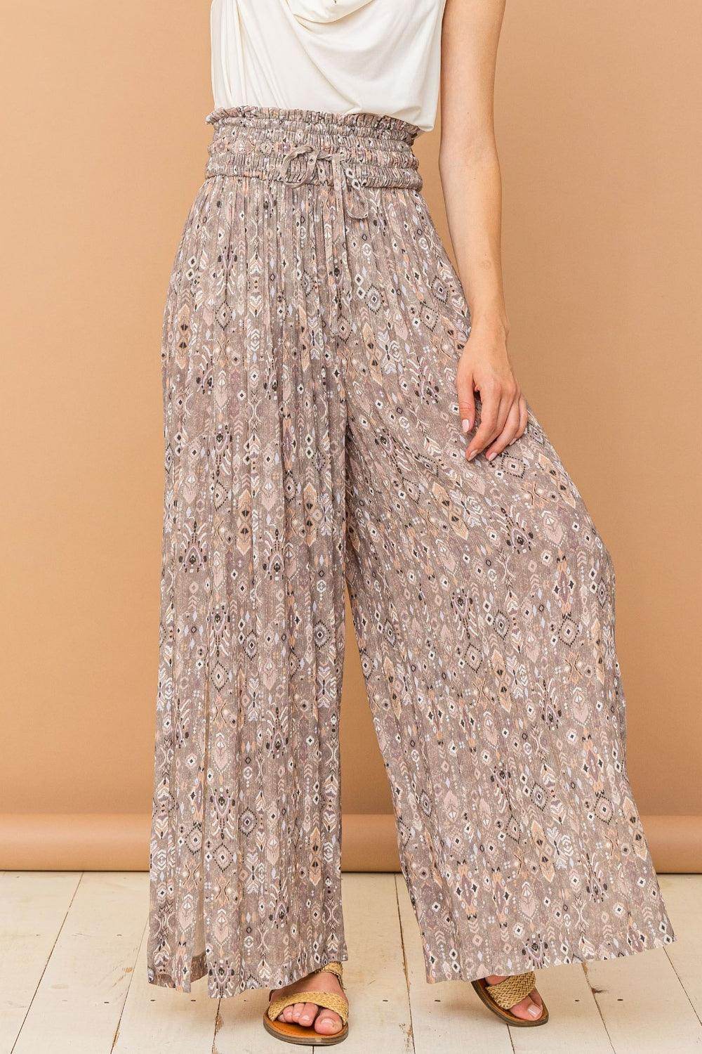 And The Why Printed Smocked Waist Slit Wide Leg Pants - Selvanelle