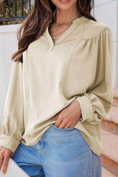 Lantern Sleeve Notched V Neck Ruched Blouse for Women - Selvanelle