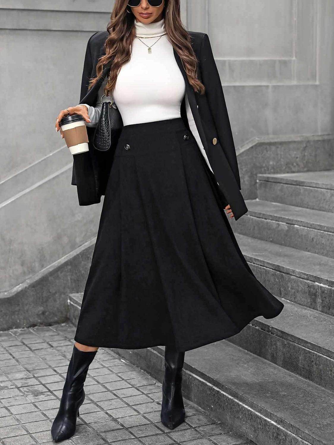 Decorative Button Ruched Midi Skirt for Stylish Outfits - Selvanelle