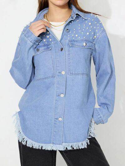 Raw Hem Pearl Trim Collared Neck Denim Top for Women - Selvanelle