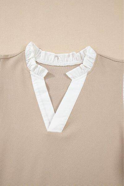 Ruffled Notched Cap Sleeve Top for Women in Various Sizes - Selvanelle