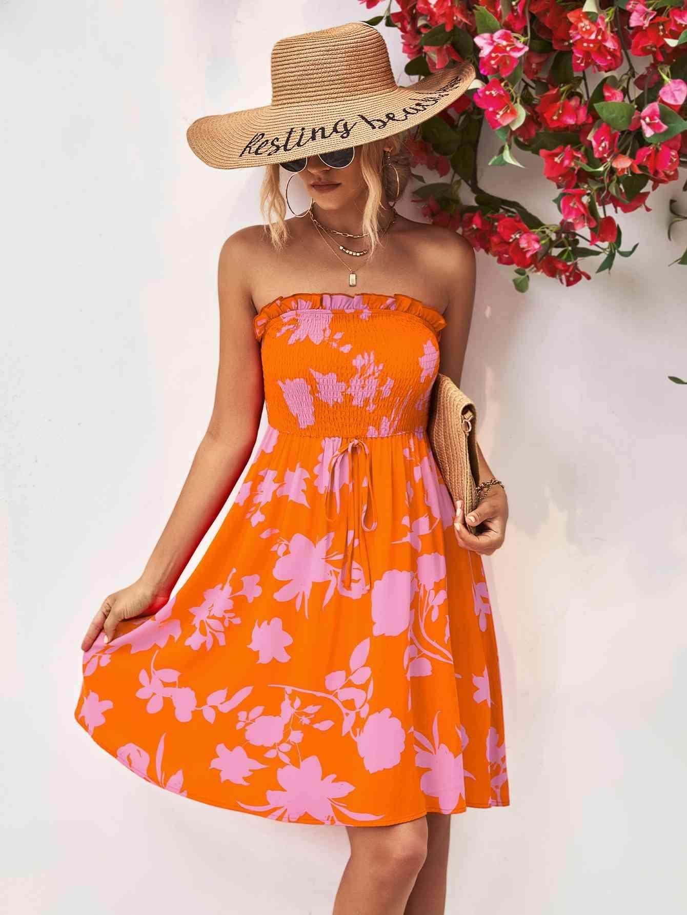 Floral Frill Trim Strapless Smocked Dress for Women - Selvanelle