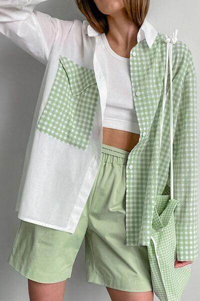 Two-Tone Plaid Button Down Long Sleeve Shirt for Women - Selvanelle