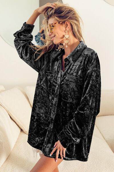 BiBi Button Up Long Sleeve Velvet Shirt for Women - Selvanelle