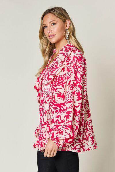 Double Take Full Size Printed Ruffle Trim Balloon Sleeve Shirt - Selvanelle