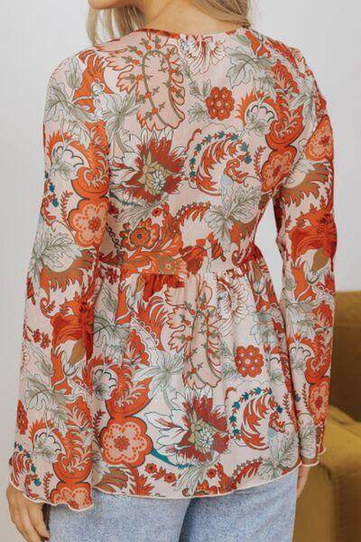 Floral V-Neck Flare Sleeve Blouse for Women Casual Style - Selvanelle