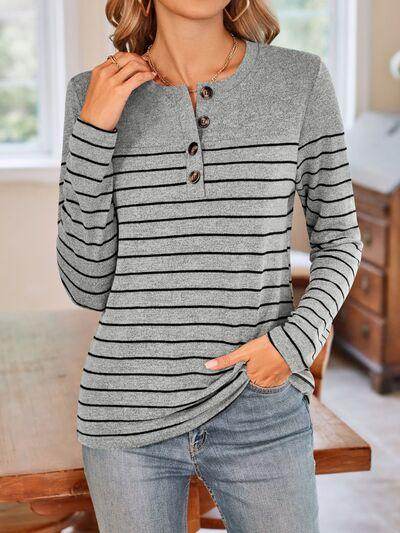 Lovelet Quarter Button Striped Round Neck Long Sleeve T-Shirt - Selvanelle