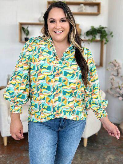 Double Take Full Size Printed Smocked Long Sleeve Blouse - Selvanelle