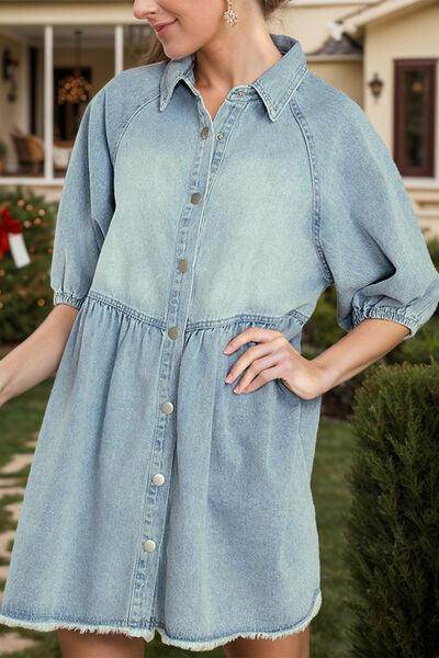 Raw Hem Snap Down Half Sleeve Denim Dress for Women - Selvanelle