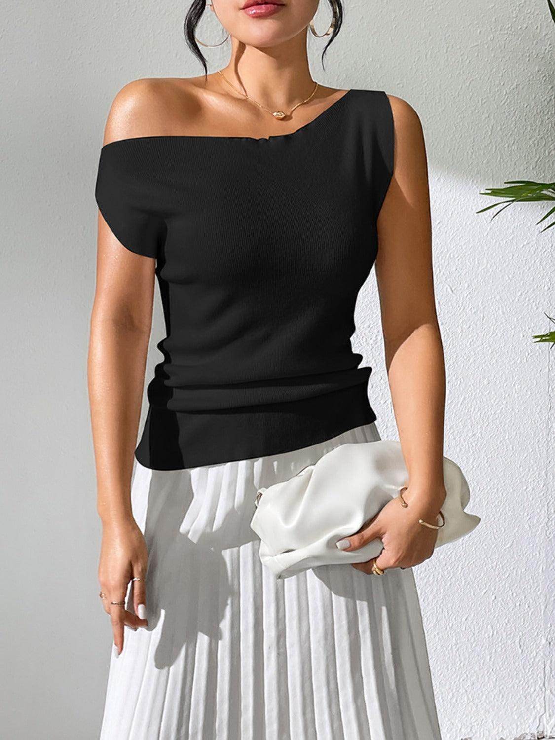 Single Shoulder Short Sleeve Knit Top for Women Fashion - Selvanelle