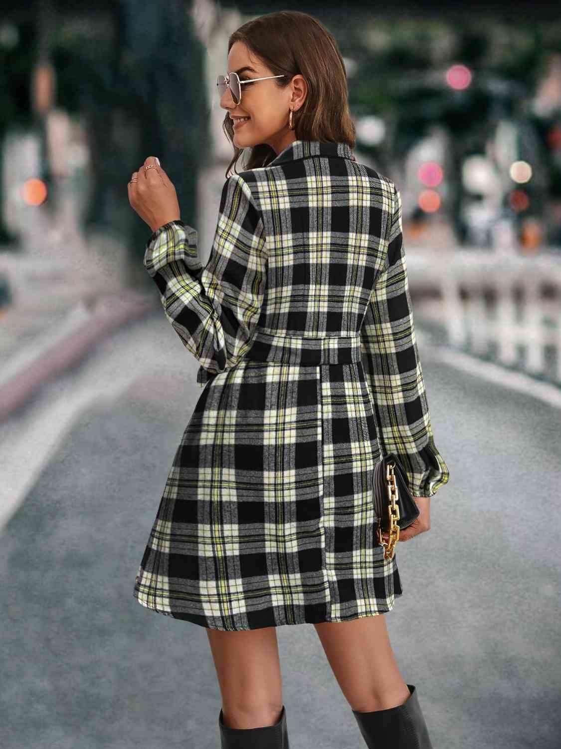Plaid Tie Front Collared Neck Long Sleeve Dress For Women - Selvanelle