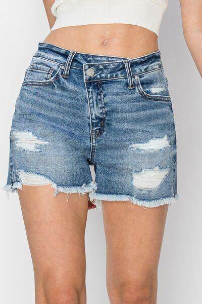 RISEN Stepped Waist Frayed Denim Shorts for Women - Selvanelle