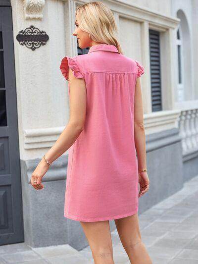 Ruffled Button Up Cap Sleeve Denim Dress for Women - Selvanelle