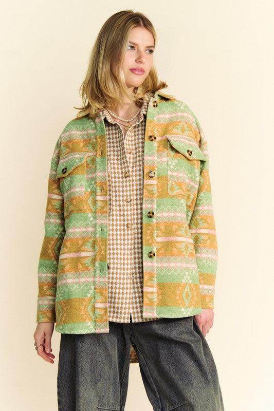 Davi & Dani High-Low Geometric Long Sleeve Shacket with Pockets - Selvanelle